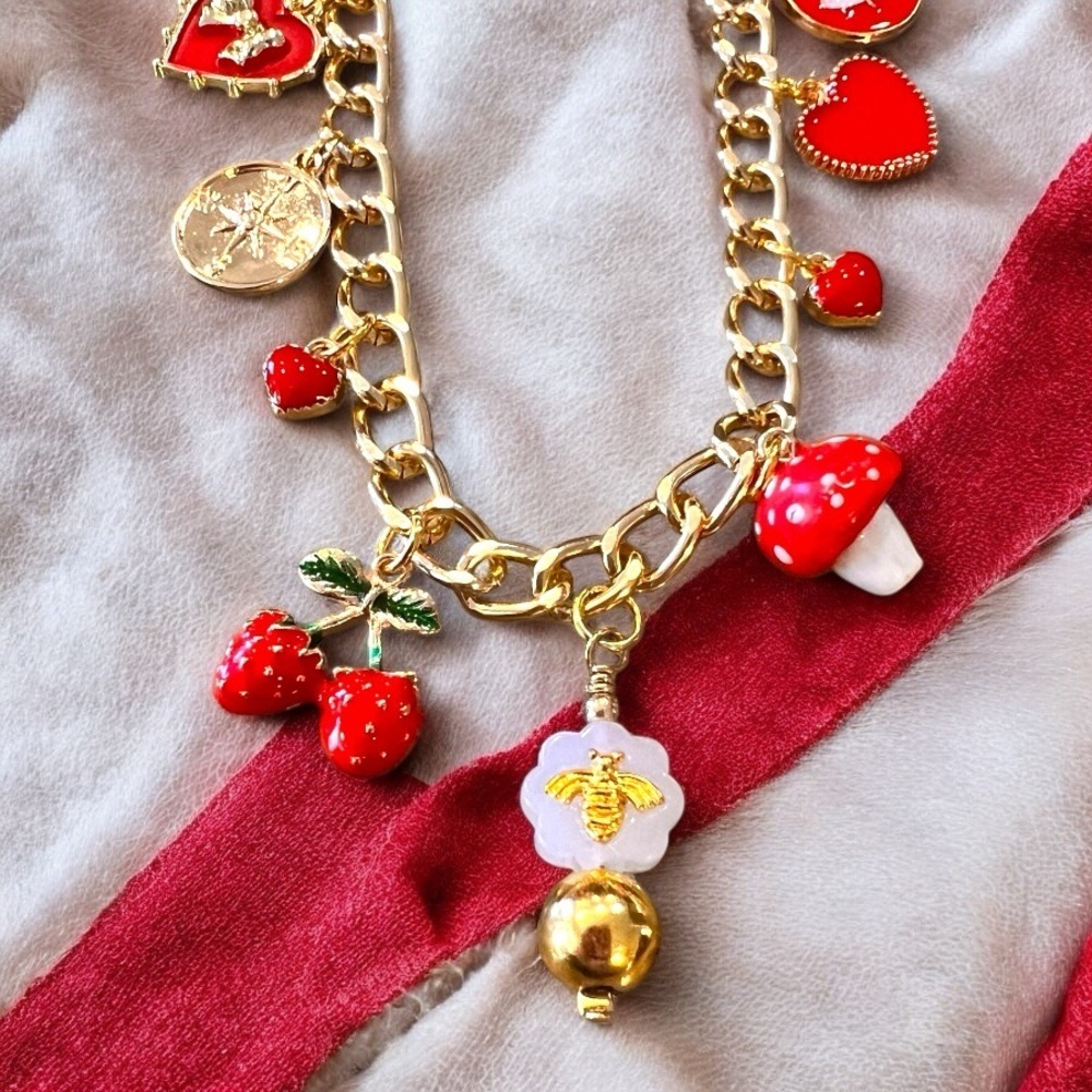 Gold Toned and Red Charm Necklace Enamel Glass Ceramic Crystal 20” - Picture 11 of 17